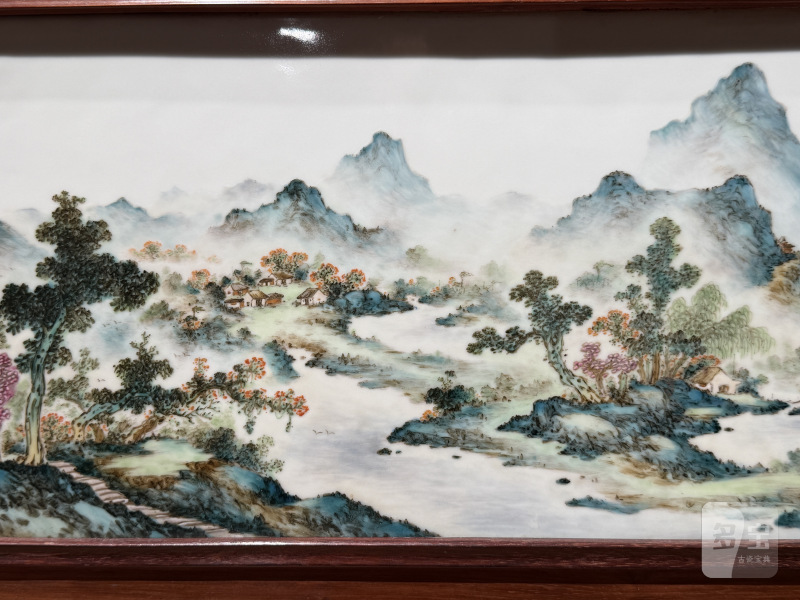 1954年作 汪小亭粉彩红树山庄图横画长条瓷板 - 图13